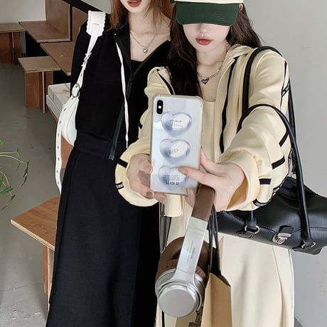 セットアップ サイドライン フード付き ショートジャケット キャミワンピース 上下セット 長袖 韓国ファッション レディース 大人可愛い ガーリー カジュアル DTC-683562773647