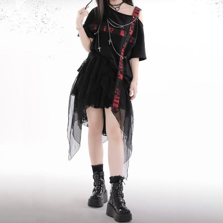 ワンショルダー Tシャツ ストラップ チェーン付き 肩出し トップス アシンメトリー ルーズ 半袖 Y2K レトロ 韓国ファッション レディース 大人可愛い ガーリー DTC-800436724194