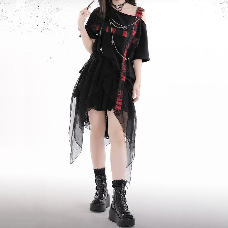 ワンショルダー Tシャツ ストラップ チェーン付き 肩出し ワンショルダー Tシャツ ストラップ チェーン付き 肩出し