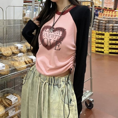 tシャツ 長袖 ドロスト ショート丈 ドローコード ドローストラップ ロンT 韓国ファッション レディース 大人可愛い ガーリー カジュアル DTC-701979946262