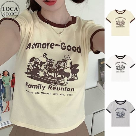 レトロプリント Tシャツ ショート丈 半袖 クルーネック スリムフィット レトロ カジュアル ストリートファッション ストリート系女子 DTCA-702505709620
