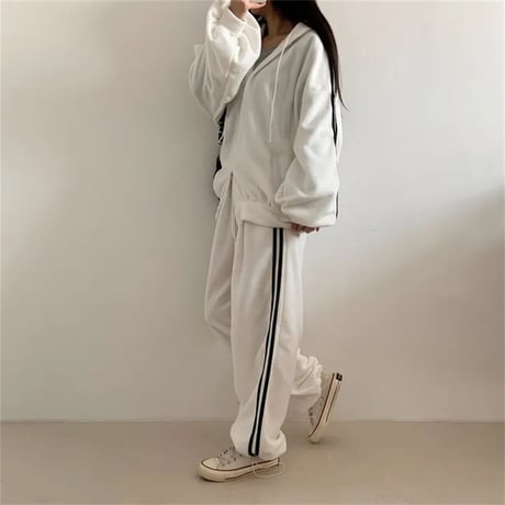 セットアップ 上下セット スウェット サイドライン ダブルジップ パーカー パンツ ジャージ ルーズ レトロ 大人可愛い ガーリー カジュアル DTCA-858330931501