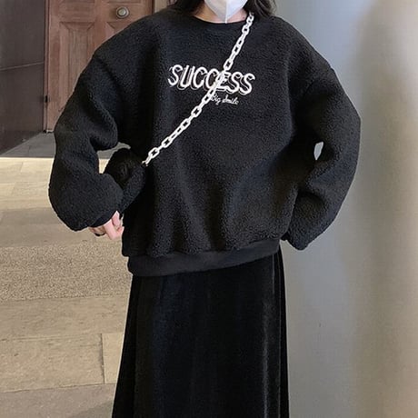ミニポーチ付き ボアトレーナー ロゴ もこもこ トレーナー ボア 暖かい 長袖 ゆったり レトロ 韓国ファッション レディース 大人可愛い ガーリー カジュアル DTC-657350232511