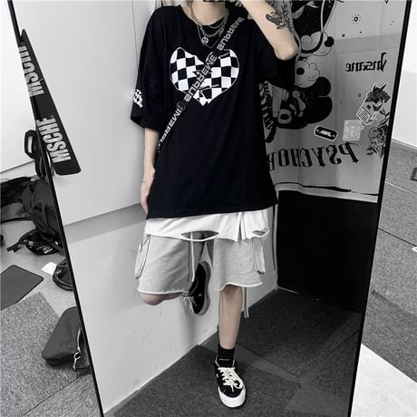 ユニセックス Tシャツ 半袖 チェック柄ハート ラウンドネック オーバーサイズ トップス 大きめ カジュアル ストリートファッション DTC-638301353656