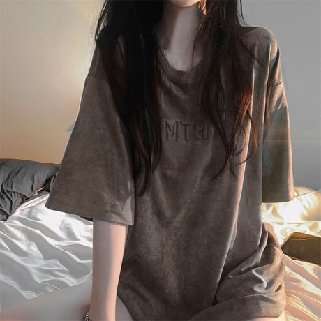 スエード調 tシャツ エンボス加工 半袖 オーバーサイズ クルーネック トップス ルーズ レトロ カジュアル ストリート系ファッション ストリート女子 DTCA-731161368125