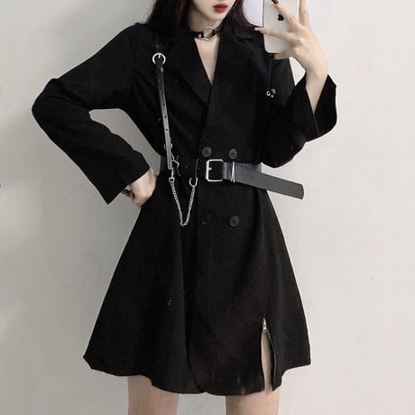 スーツワンピース ベルト付き シャツ ワンピース ダブルブレスト 長袖 ハイウエスト ショート丈 レトロ 韓国ファッション レディース 大人可愛い ガーリー DTC-669941579195