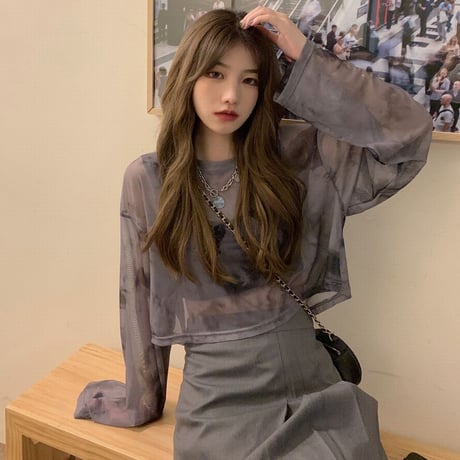 【2カラー】 2点セット タイダイ シアーTシャツ キャミソール付き  ショート丈 ルーズ シースルー 韓国ファッション レディース 大人可愛い ガーリー カジュアル DTC-649079428397
