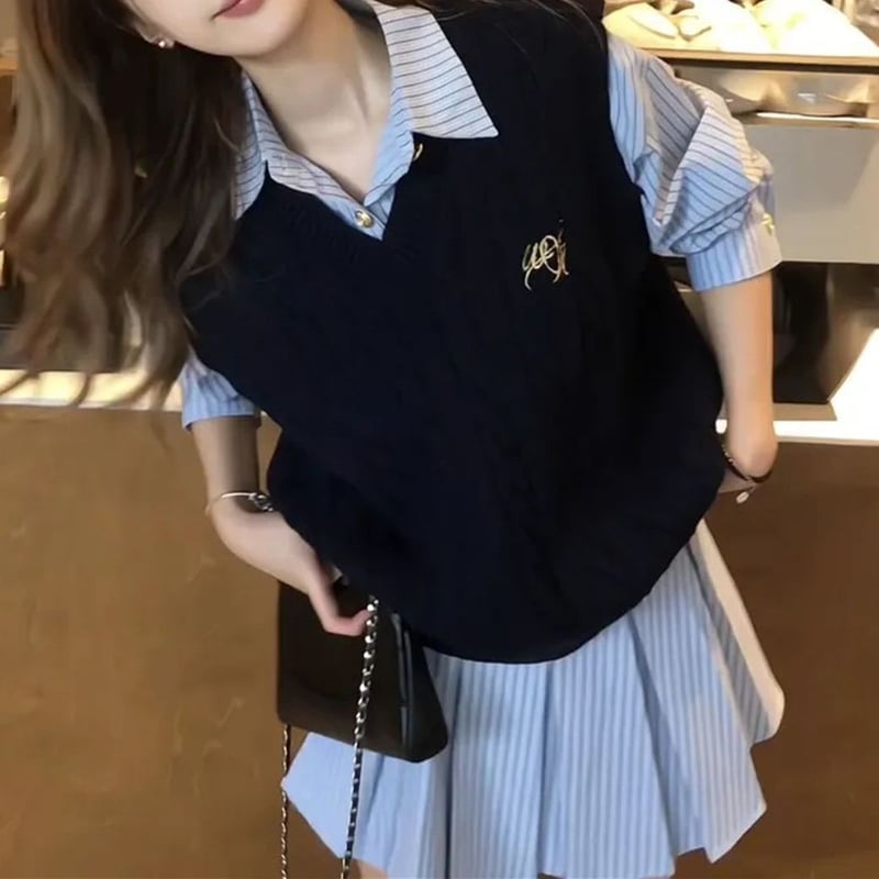 2点セット セットアップ ニットベスト シャツワンピース Vネック