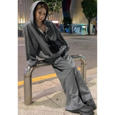 セットアップ 上下セット スウェット グリッター ビジュー パーカー ジップアップ スウェットパンツ 長袖 ルーズ レトロ 大人可愛い ガーリー カジュアル DTCA-825745617712