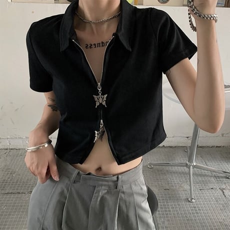 ダブルジップ トップス クロップド丈 バタフライチャーム 半袖 へそ出し ポロ襟 レトロ 韓国ファッション レディース 大人可愛い ガーリー カジュアル DTC-623337029743