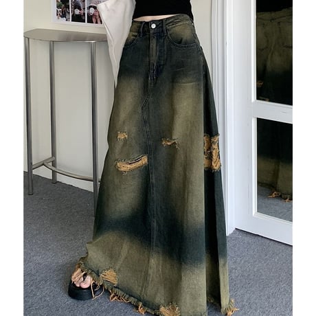 デニムスカート ヴィンテージ風 ダメージ加工 フリンジ 切りっぱな裾 Aライン ハイウエスト デニム ロングスカート レトロ 大人可愛い ガーリー カジュアル DTCA-738580370386