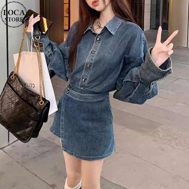 セットアップ 上下セット デニムシャツ デニムスカパン アシンメトリー