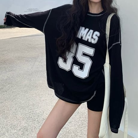 Tシャツ 長袖 ナンバリング レタープリント ロンT ワンショルダー オーバーサイズ トップス ルーズ レトロ 韓国ファッション レディース 大人可愛い ガーリー DTCA-861844447756