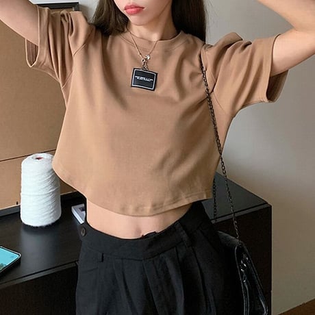 クロップド丈 Tシャツ へそ出し パフ袖 半袖 ラウンドネック ルーズ 韓国ファッション レディース ショート丈 トップス カットソー 夏 大人可愛い ガーリー DTC-641446398844