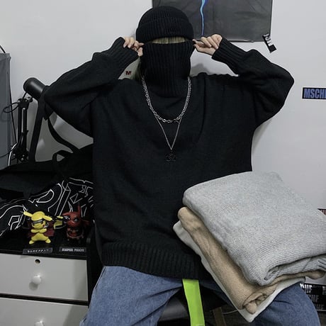 ユニセックス ハイネック ニットセーター プルオーバー ニット セーター オーバーサイズ ゆったり 韓国ファッション メンズ レディース カジュアル ストリート系 DTC-607186504815