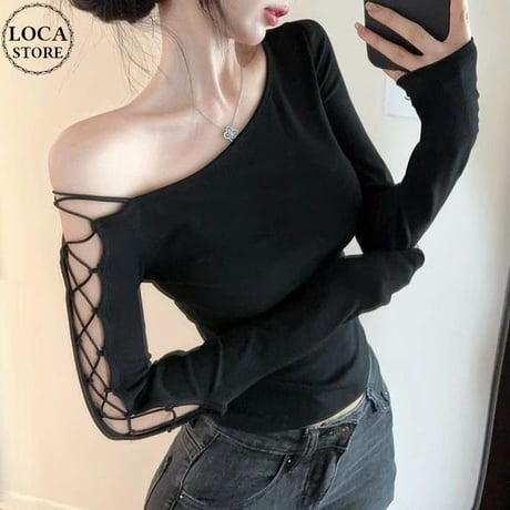 レースアップ トップス ロンT スリムフィット タイト ワンショルダー プルオーバー tシャツ 長袖 レトロ 大人可愛い ガーリー DTCA-857860566669