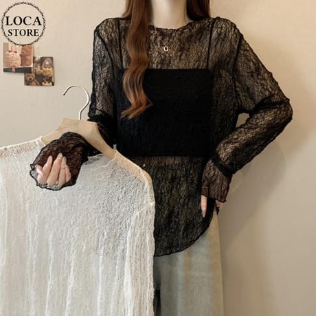 シアートップス レース tシャツ トップス クルーネック UVカット シアーtシャツ ゆったり ルーズ 長袖 レトロ 大人可愛い ガーリー トレンド DTCA-907055529072