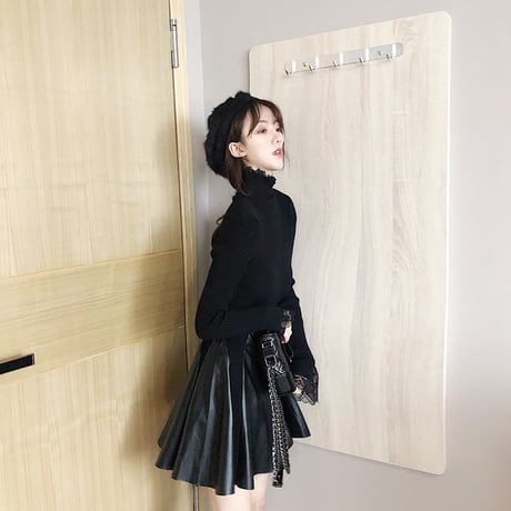 ハイネック ニットワンピース 韓国ファッション レディース タートルネック レース ウエストゴム ニット 長袖 セクシー タイト ガーリー (DCT-604931709813)