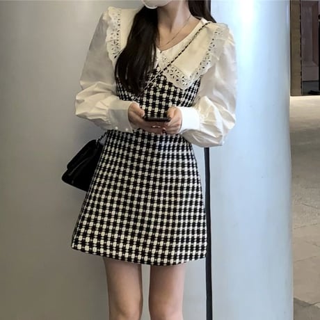 フェイクレイヤード ワンピース ドッキングワンピース  チェック柄 異素材 レース 長袖 レトロ 韓国ファッション レディース 大人可愛い ガーリー DTC-665329095387