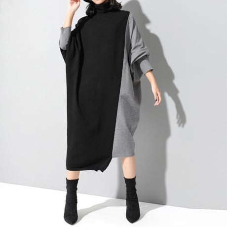 ニットワンピース アシンメトリー バイカラー ハイネック ロングワンピース ニット ワンピース ゆったり ルーズ 長袖 レトロ 大人可愛い ガーリー DTCA-620987413432
