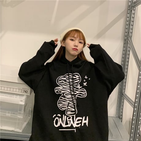 プルオーバー パーカー ゼブラ柄 クマ ベアー プラスベルベット ルーズ 韓国ファッション レディース フーディー ゆったり 大きめ カジュアル ストリート系 DTC-631127121874