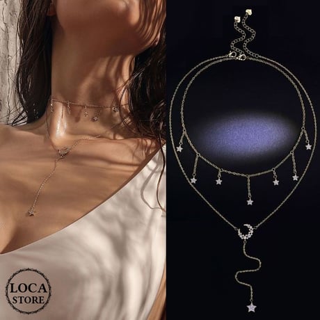 ネックレス レディース ムーン＆スター ゴールド ジルコニア 2連ネックレス 合金 金メッキ メッキ18K シンプル ペンダント 人気 ジュエリー チェーン付 (DTC-571418710233)