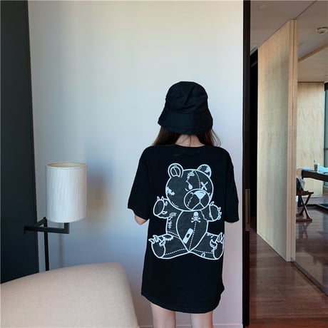 レディース 可愛いクマプリント Tシャツ ラウンドネック ゆったり 半袖 インスタ映え 韓国ファッション ホワイト ピンク (DCT-596629678942)