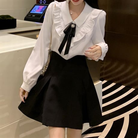 セットアップ ヨークフリル リボン ブラウス スカート Aライン ハイウエスト 2点セット レトロ 韓国ファッション レディース 大人可愛い ガーリー フェミニン DTC-651678728432