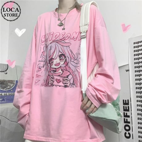 Tシャツ 長袖 女の子プリント オーバーサイズ 大きめ ロンT カジュアル 病み可愛い 病みかわ 地雷系 韓国ストリートファッション 韓国ファッション レディース DTC-636364376342
