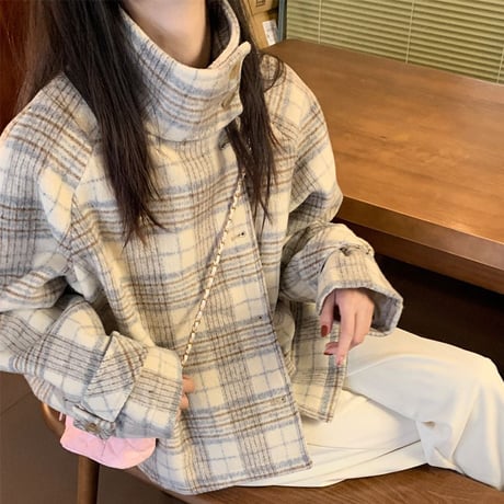 チェック柄 ショートコート スタンドカラー フェイクウール ボタン ルーズ 長袖 レトロ 韓国ファッション レディース 大人可愛い ガーリー DTC-690298555703