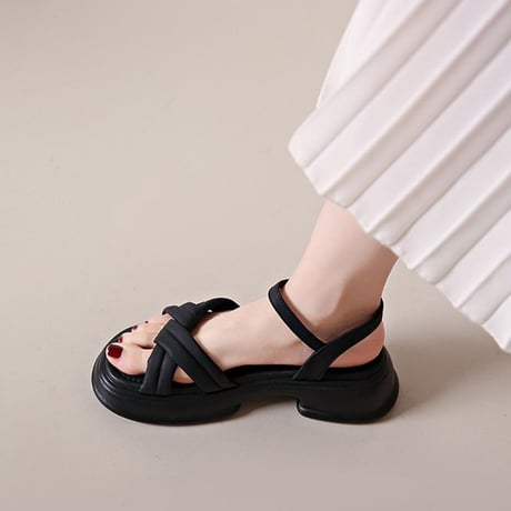クロスストラップ 厚底 サンダル 22.5～25.0cm 太ヒール 厚底ソール アンクルストラップ 美脚 キュート かわいい 歩きやすい おしゃれ DTCA-777519824673