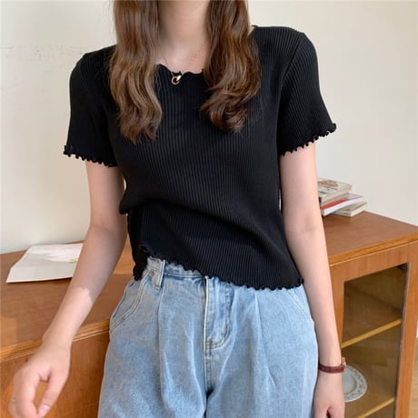 ウェーブヘム リブニット サマーニット Tシャツ 半袖 ラウンドネック トップス 韓国ファッション レディース カットソー シンプル 大人可愛い ガーリー DTC-639423318201