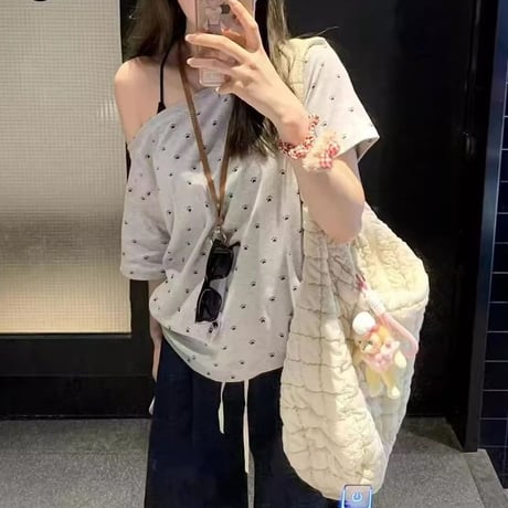 肉球柄 tシャツ ワンショルダー トップス ゆったり ルーズ 半袖 レトロ 大人可愛い ガーリー カジュアル DTCA-825366868798