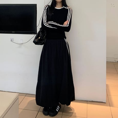 セットアップ サイドライン ロゴ トップス ロングスカート スリムフィット ロンT 長袖 レトロ 韓国ファッション レディース スポーツミックス カジュアル DTC-827098089125