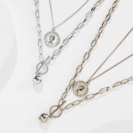 2点セット ネックレス チェーン付き コイン Tバー ペンダント アクセサリー 合金 シンプル DTC-618874289625
