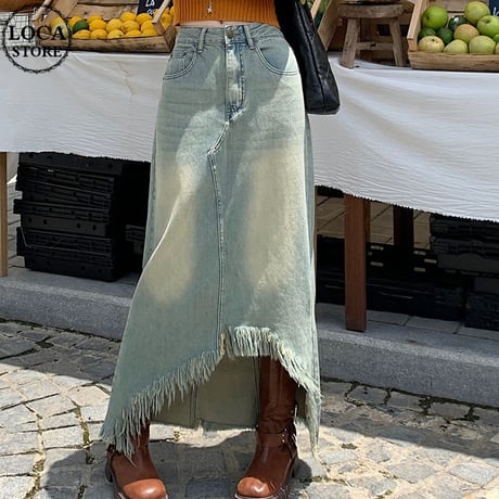 デニムスカート 裾フリンジ 不規則 ハイウエスト デニムロングスカート Aライン デニム スカート レトロ 韓国ファッション レディース 大人可愛い ガーリー DTC-730206989368