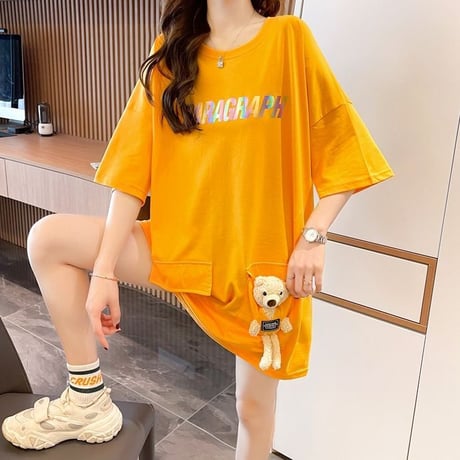 クマのぬいぐるみ付き Tシャツ ダブルポケット 幾何学 チュニック ゆったり 半袖 レトロ 韓国ファッション レディース 大人可愛い ガーリー カジュアル DTC-668699340794