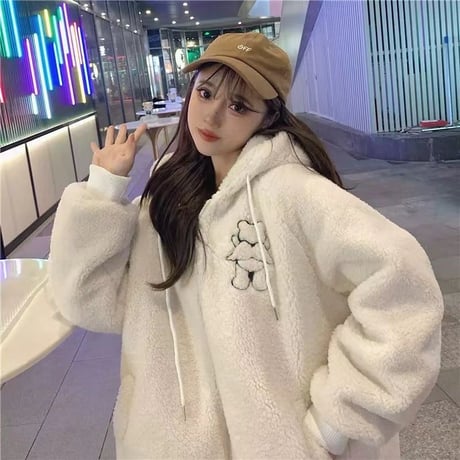 フード付き ボアブルゾン エンジェルくまちゃん 羽 フェイクラムウール ボアジャケット アウター ゆったり 長袖 レトロ 大人可愛い ガーリー カジュアル DTCA-857752590528