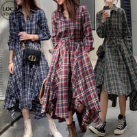 チェック柄 シャツワンピース イレギュラーヘム Aライン ハイウエスト ロングワンピース 不規則 ルーズ 長袖 レトロ 大人可愛い ガーリー カジュアル DTCA-679117868981