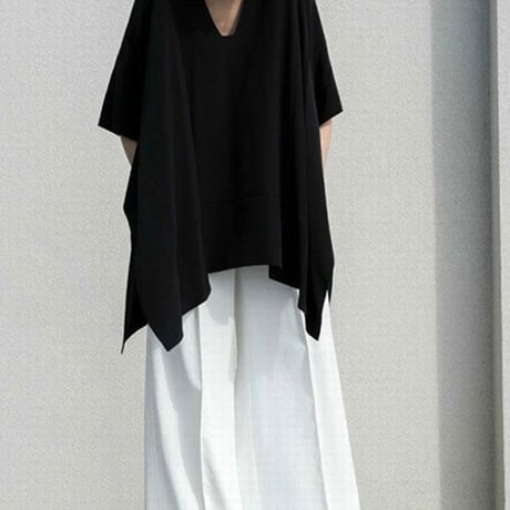 レディース 深Vネックヘムチュニック サイドスリット アシンメトリー トップス チュニック Tシャツ 大きいサイズ 体型カバー (DCT-589010553510)
