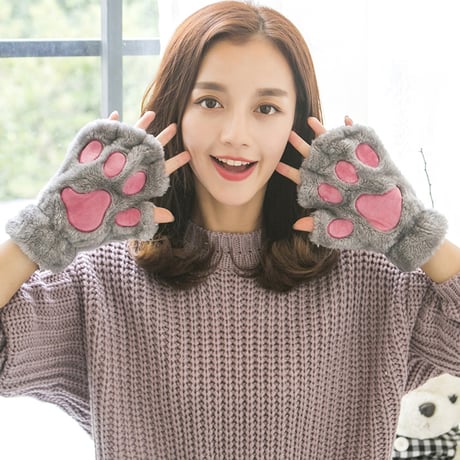 【5カラー】 猫の手 肉球 手袋 韓国ファッション レディース ハーフフィンガー ハンドウォーマー ネコ もこもこ スマホ対応 DTC-609167752977