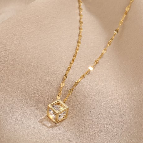 ネックレス キューブ CZ チェーン付き 金属アレルギー対応 ペンダント アクセサリー チタン K14メッキ シンプル DTC-615614054033