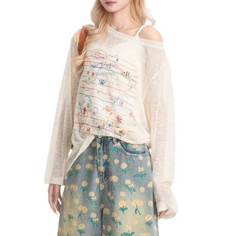 シアートップス 落書き風プリント 薄手 UVカット ワンショルダー シアーtシャツ ロンt トップス 日焼け防止 ゆったり 長袖 レトロ 大人可愛い ガーリー DTCA-925730185096