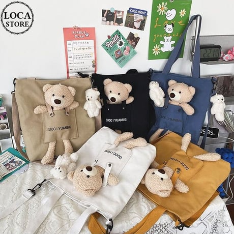 ぬいぐるみ付き トートバッグ 大容量 オールシーズン 帆布バッグ バッグ クマ ベアー キャンバストート カジュアル 韓国ファッション レディース DTC-643268837509