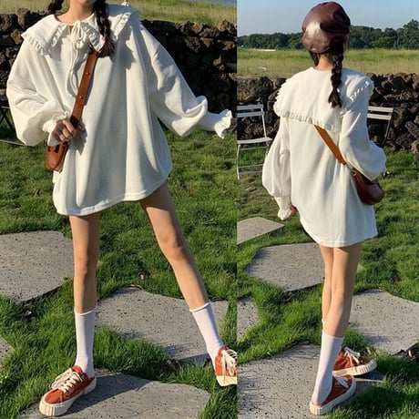 大きい襟 トップス トレーナー ブラウス 長袖 ルーズ レトロ 韓国ファッション レディース 大人可愛い ガーリー フェミニン DTC-654704055754