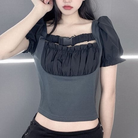 Tシャツ クロップド丈 へそ出し パフスリーブ スリムフィット 半袖Tシャツ 半袖 ショート丈 韓国ファッション レディース 大人可愛い ガーリー カジュアル DTC-675249391772