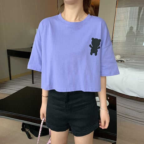 クマちゃん Tシャツ 半袖 ショート丈 韓国ファッション レディース ベアー ホワイト パープル シンプル カットソー ラウンドネック かわいい カジュアル ガーリー 619320885563