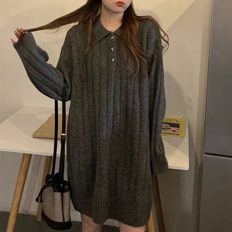 襟付き ニットワンピース ポロニット 厚手 ニット ワンピース ゆったり 韓国ファッション レディース カジュアル 大人可愛い ガーリー DTC-658628360608