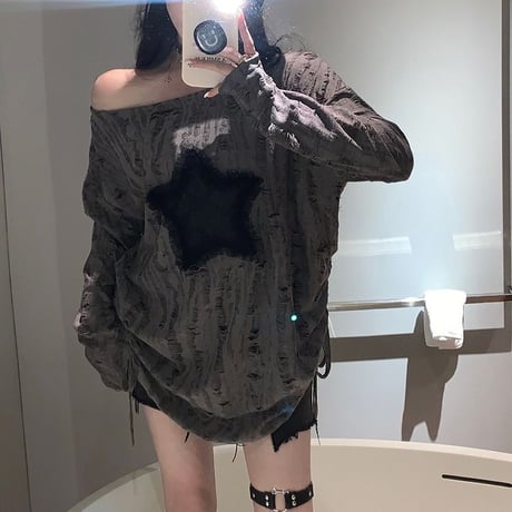 ロンT ダメージ加工 スター 星 ドローストリング ドロスト ダメージトップス プルオーバー tシャツ オーバーサイズ ルーズ 長袖 レトロ 大人可愛い ガーリー DTCA-837831882209