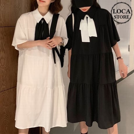 レディース 襟付きボウタイ ワンピース 無地 ミモレ丈 フレア ギャザー シャツワンピ Aライン フェミニン 韓国ファッション (DCT-598114437759)